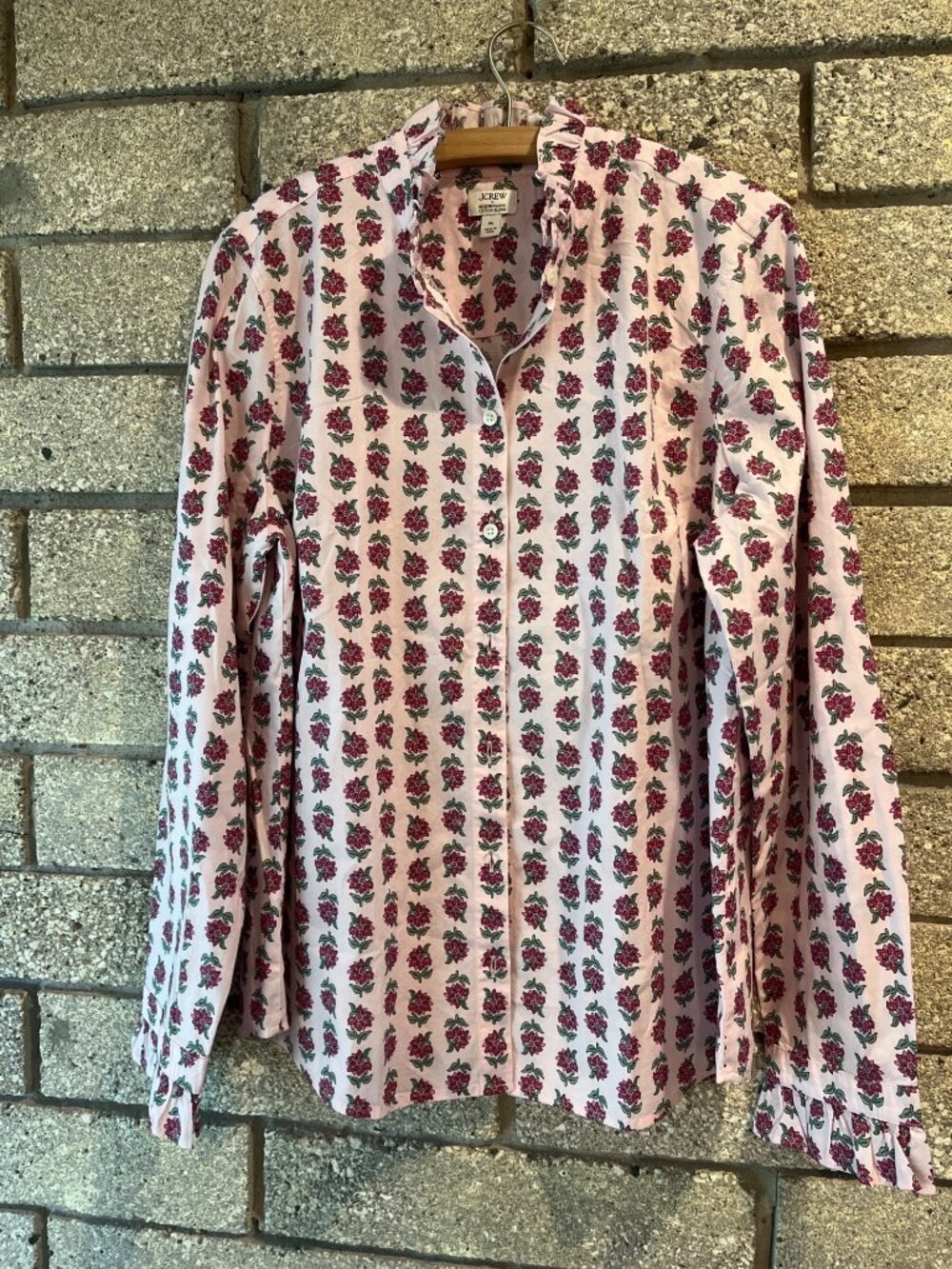 J.Crew Pink Floral Button-Down Blouse XL Regenerative Cotton Blend Ruffled Colla